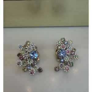 Vtg‎ Leru Signed Clip On Climber Cluster Flower Colorful Pastel Rhinestones Read